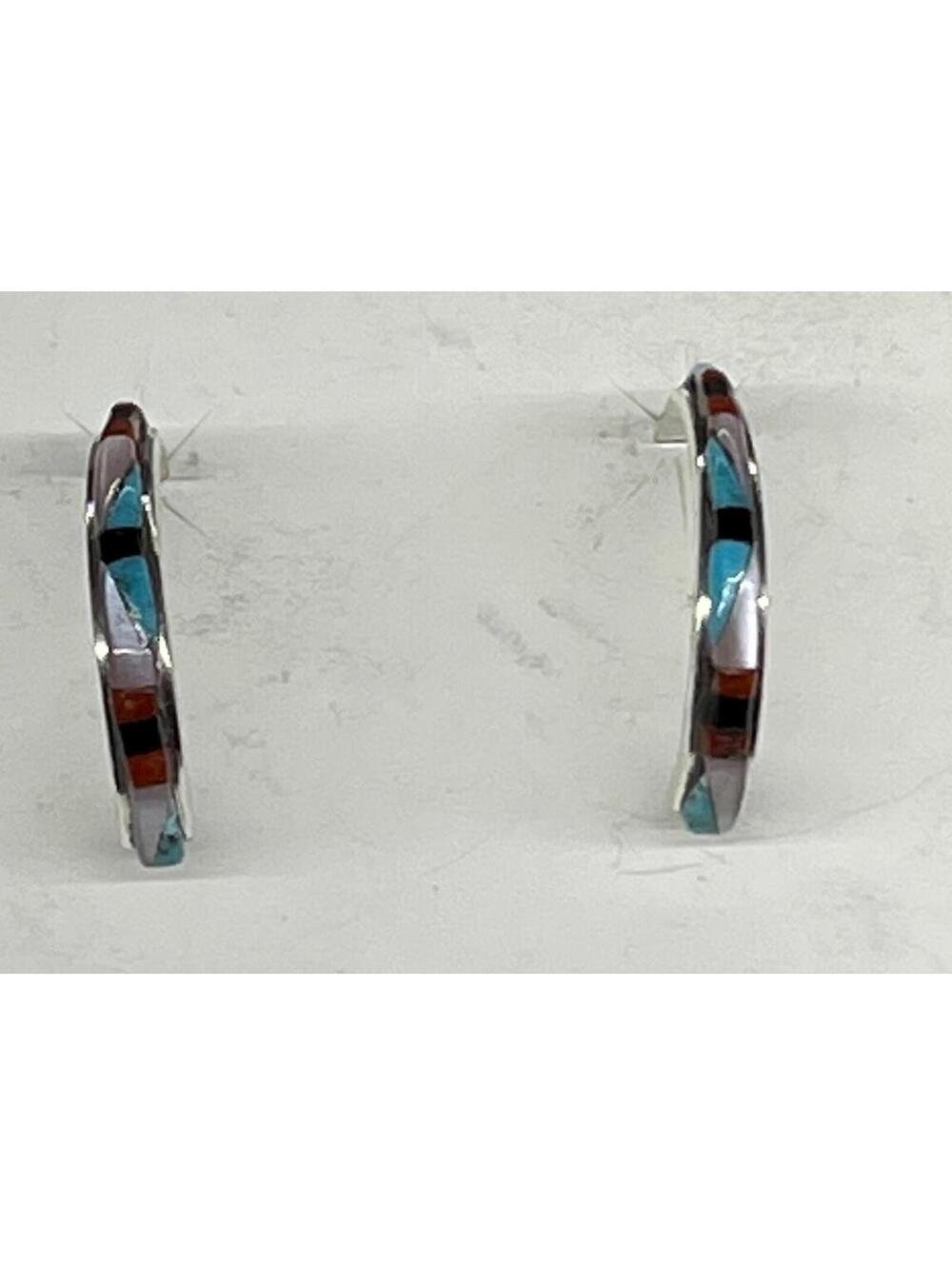 Native American Zuni sterling silver turquoise multi stone inlay earrings